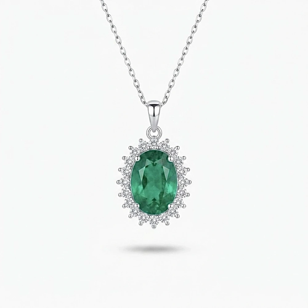 Silver Yeşil Oval Taşlı Kolye