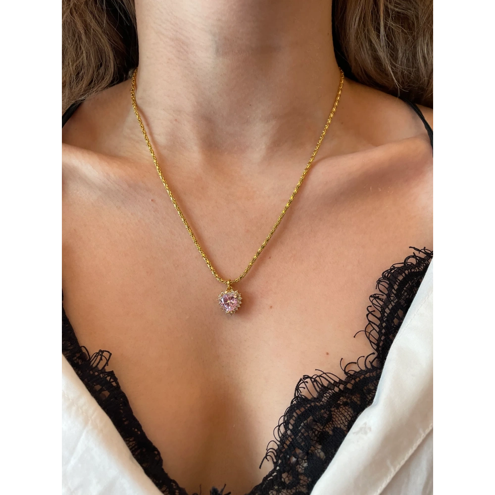 Taşlı Pembe Kalp Kolye