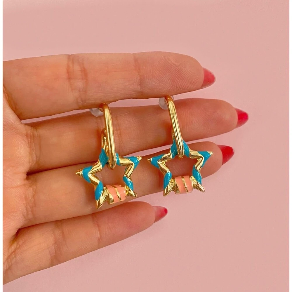 Turkuaz Yıldızlı Mineli Halka Küpe