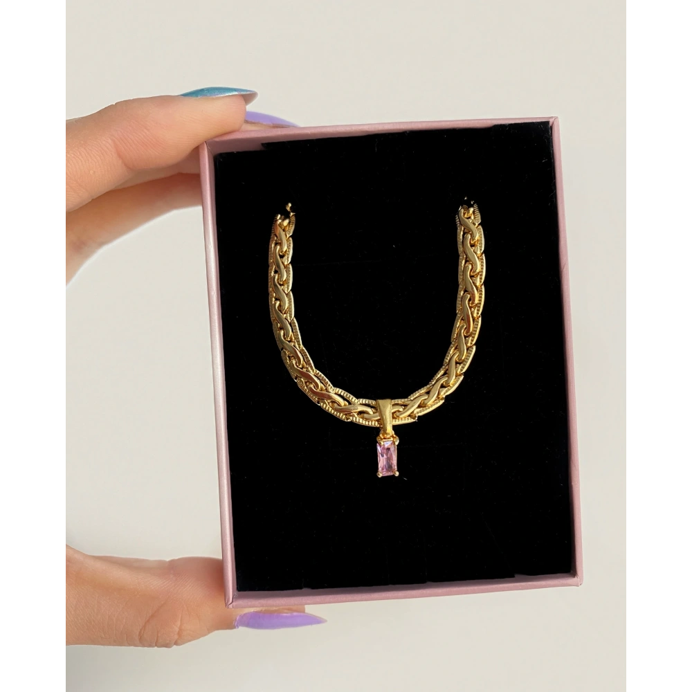 Vintage Zincirde Pembe Baget Taşlı Choker