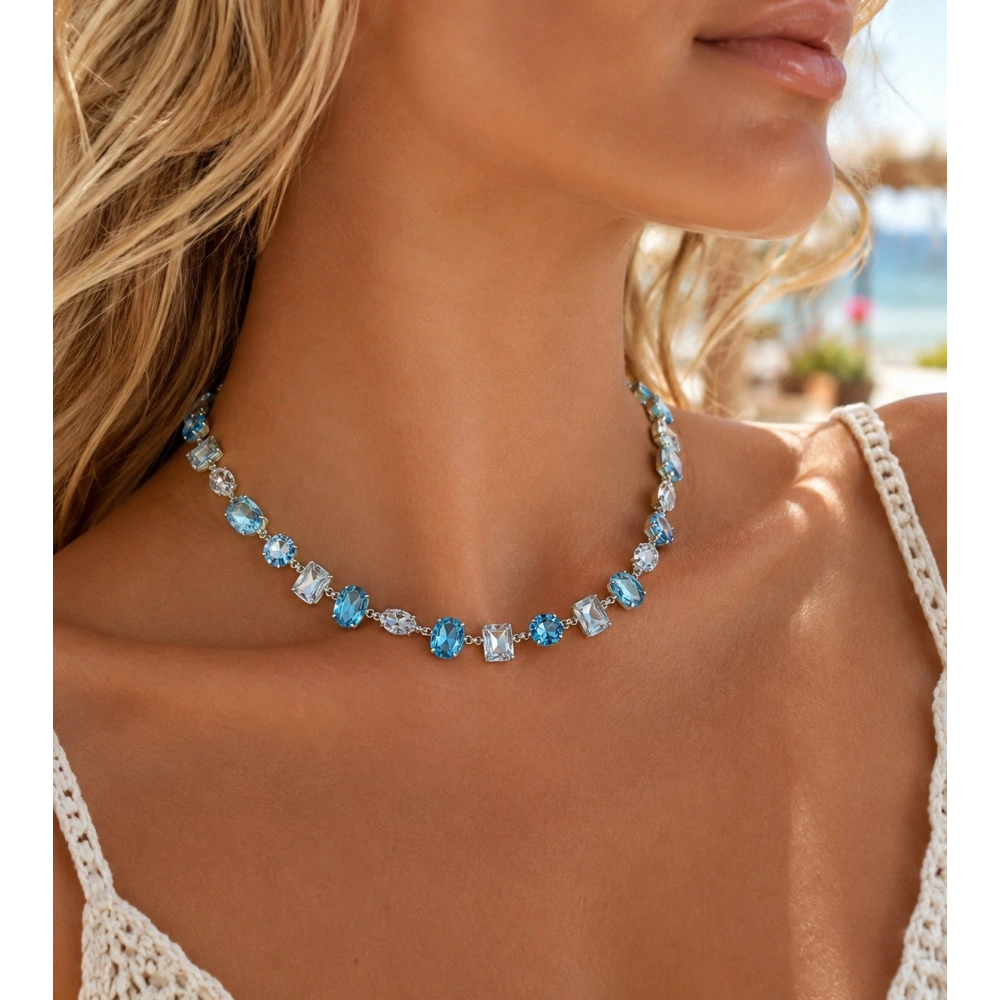 Vip Silver Mavi Kristal Taşlı Choker