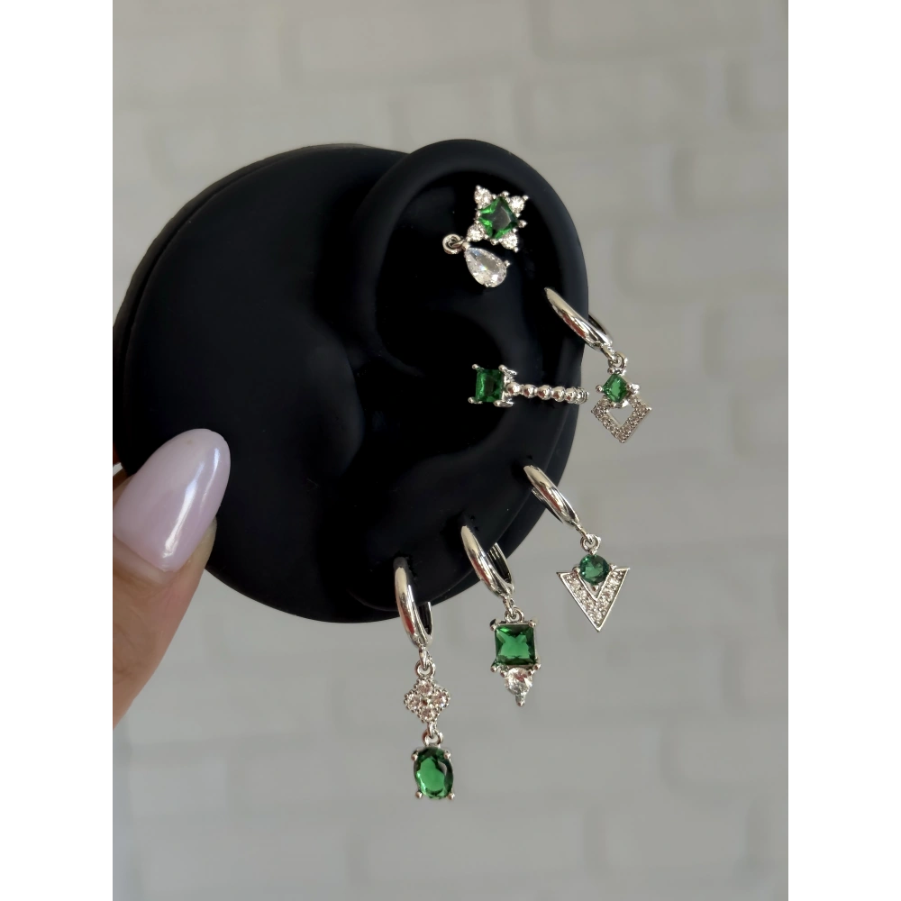 Yeşil Earcuff Detaylı 6 Lı Küpe Seti