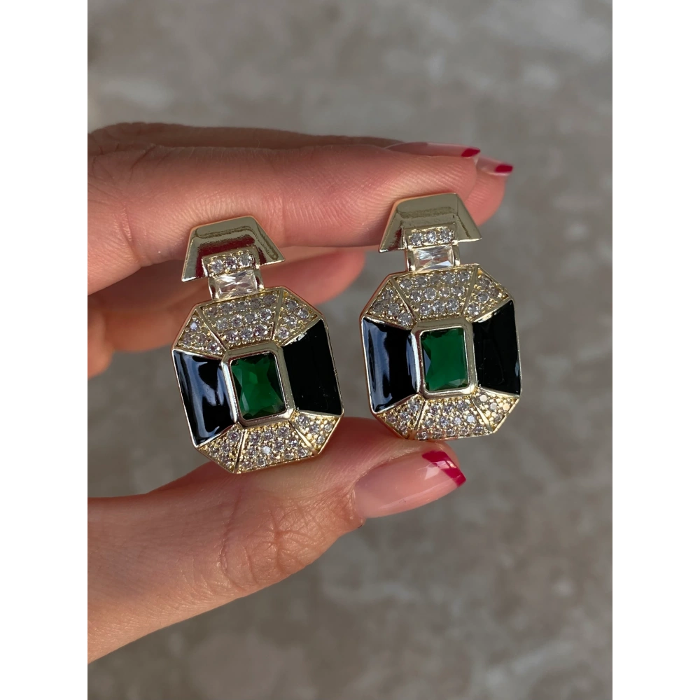 Yeşil Taşlı Tasarım Küpe