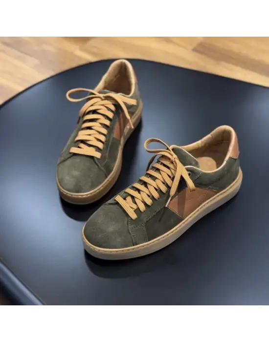 Haki Süet Deri Günlük Erkek Ayakkabı – Taba Detaylı – Hafif Taban