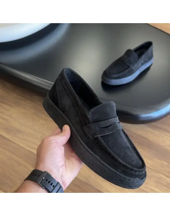 Siyah Hakiki Süet Deri Erkek Loafer Ayakkabı