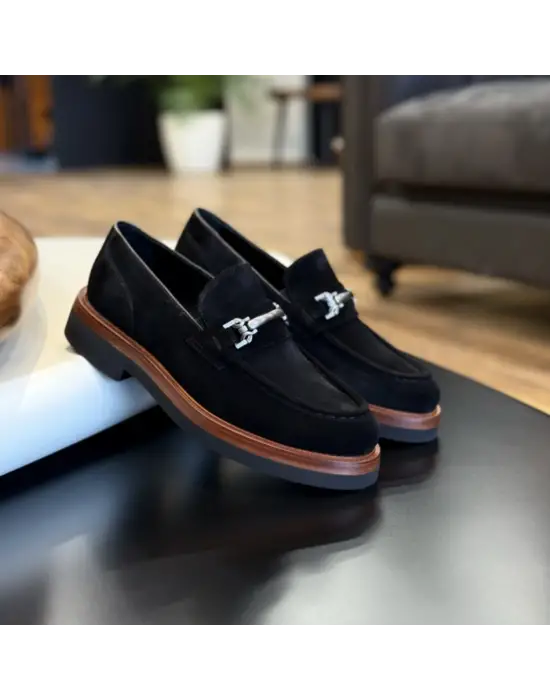 Siyah Süet Hakiki Deri Loafer – EVA Taban Erkek Ayakkabı (Metal Tokalı)