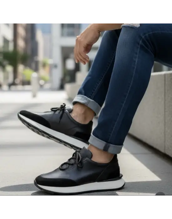 Erkek Siyah Deri & Süet Sneaker – Ultra Hafif Taban