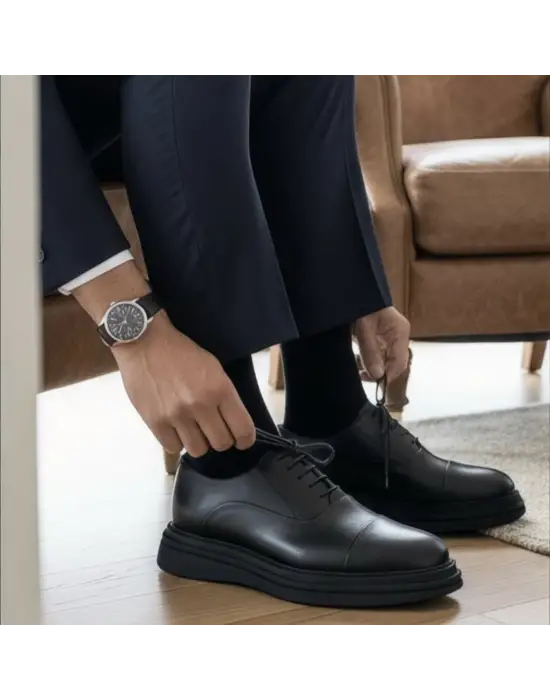 Erkek Siyah Deri Oxford – Kalın Taban Premium Model