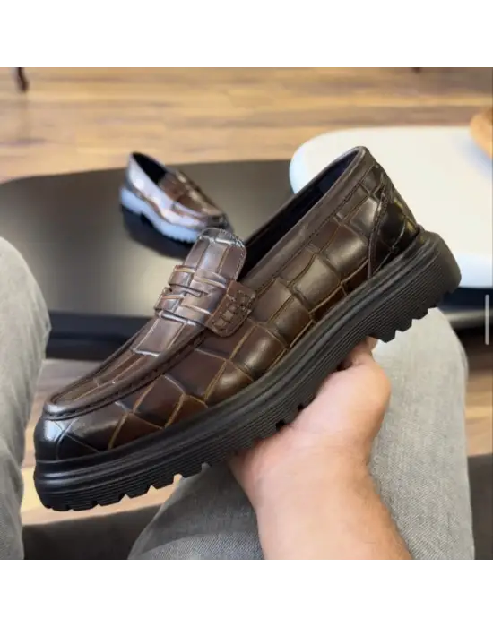 Erkek Kahverengi Kroko Loafer – Kalın Taban
