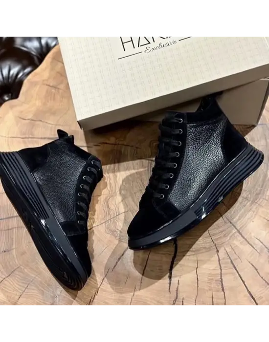 Siyah Hakiki Deri Süet Detaylı İthal Taban Bot