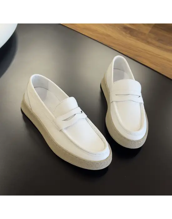 Beyaz Hakiki Deri Kalın Taban Erkek Loafer Ayakkabı