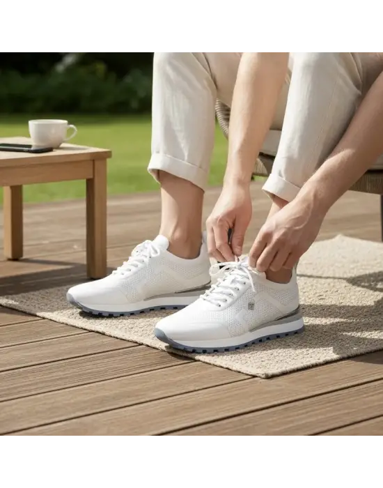 Beyaz Hakiki Deri Erkek Sneaker – Delikli Tasarım