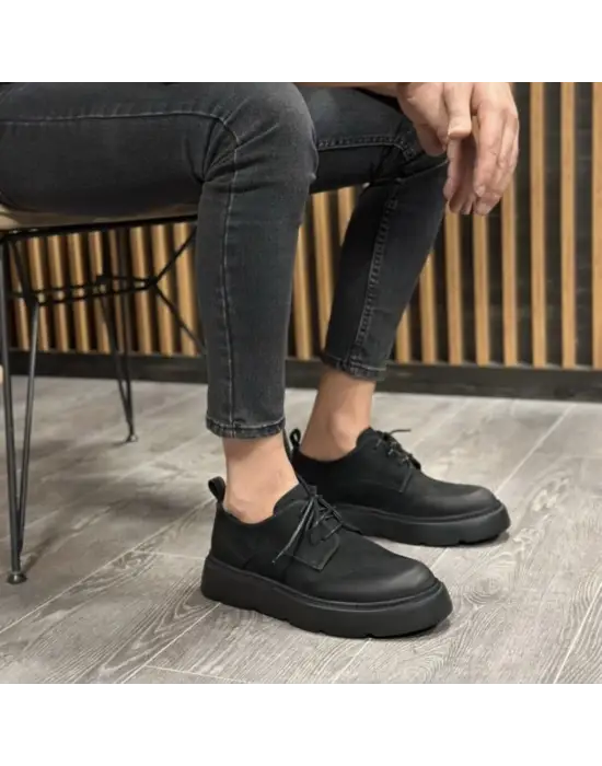 Erkek Siyah Deri Ayakkabı – Kalın Taban, Modern Günlük Rahat Model