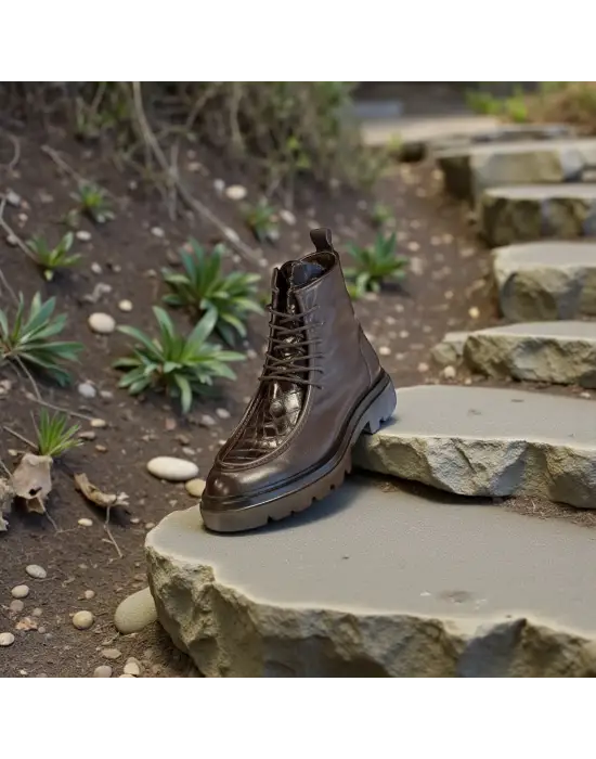 Kahve Hakiki Deri Krokodil Detay Kalın Taban Erkek Bot