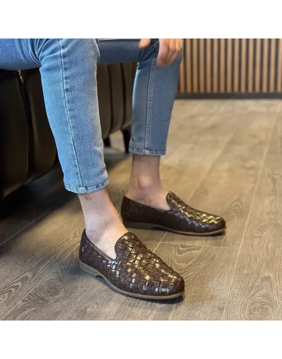 Occi Kahverengi İç Dış Hakiki Deri Orijinal El Örgüsü Loafer