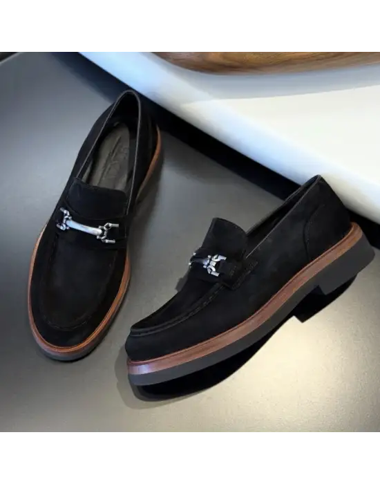 Siyah Süet Hakiki Deri Loafer – EVA Taban Erkek Ayakkabı (Metal Tokalı)