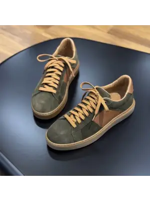 Haki Süet Deri Günlük Erkek Ayakkabı – Taba Detaylı – Hafif Taban