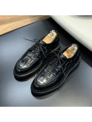 Siyah Kroko Bağlı Hakiki Deri Ayakkabı – Eva Taban