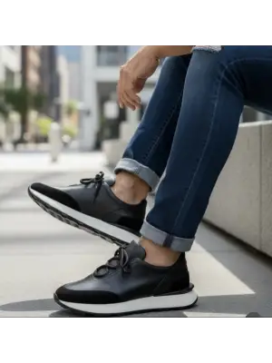 Erkek Siyah Deri & Süet Sneaker – Ultra Hafif Taban