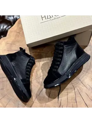 Siyah Hakiki Deri Süet Detaylı İthal Taban Bot