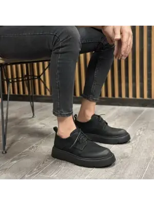 Erkek Siyah Deri Ayakkabı – Kalın Taban, Modern Günlük Rahat Model