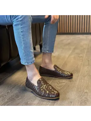 Occi Kahverengi İç Dış Hakiki Deri Orijinal El Örgüsü Loafer
