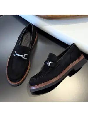 Siyah Süet Hakiki Deri Loafer – EVA Taban Erkek Ayakkabı (Metal Tokalı)