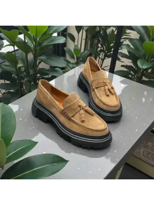 Taba Süet Hakiki Deri EVA Taban Püsküllü Loafer
