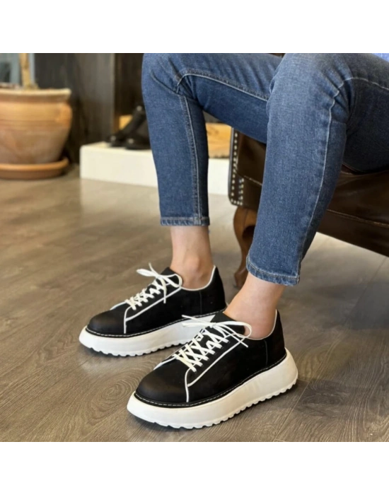 Erkek Siyah Deri Sneaker – Kalın Ultra Hafif Taban