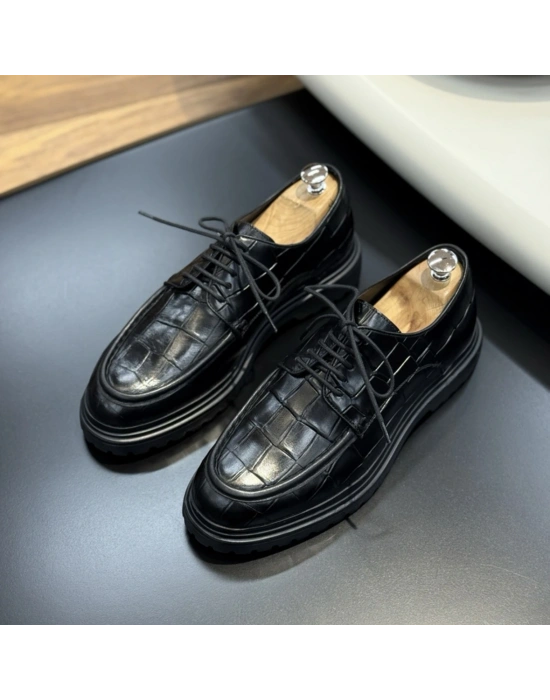 Siyah Kroko Bağlı Hakiki Deri Ayakkabı – Eva Taban