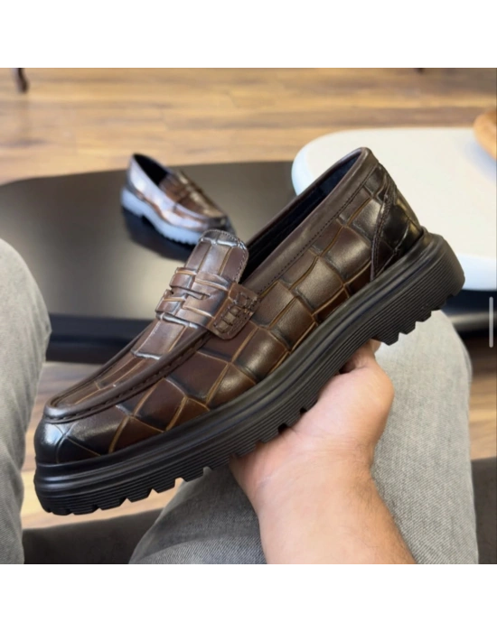 Erkek Kahverengi Kroko Loafer – Kalın Taban
