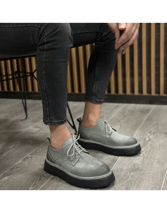 Erkek Gri Kalın Taban Günlük Deri Ayakkabı