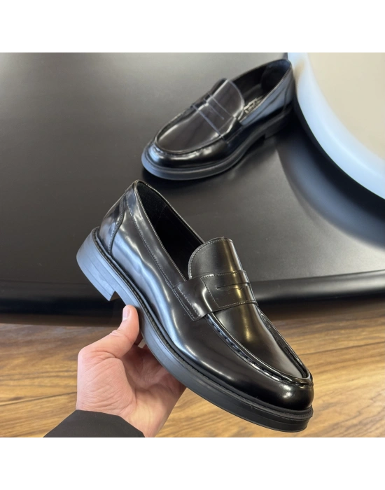 Siyah Açma Deri Erkek Loafer Ayakkabı