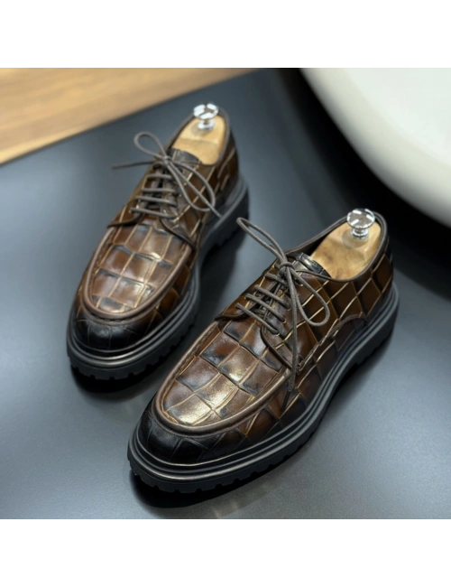 Kahve Kroko Bağlı Hakiki Deri Ayakkabı – Eva Taban