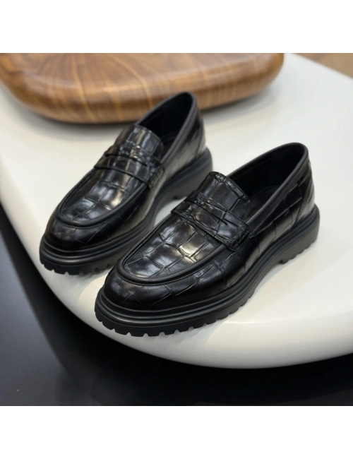 Siyah Kroko Desenli Hakiki Deri Loafer – Eva Taban