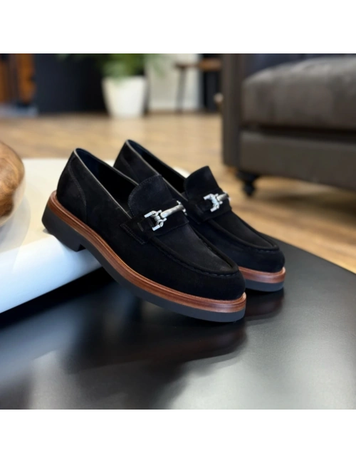 Siyah Süet Hakiki Deri Loafer – EVA Taban Erkek Ayakkabı (Metal Tokalı)