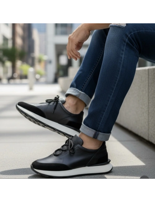 Erkek Siyah Deri & Süet Sneaker – Ultra Hafif Taban