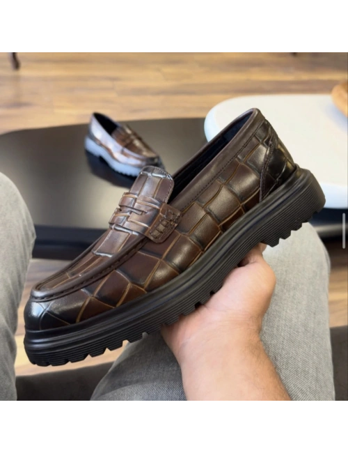 Erkek Kahverengi Kroko Loafer – Kalın Taban