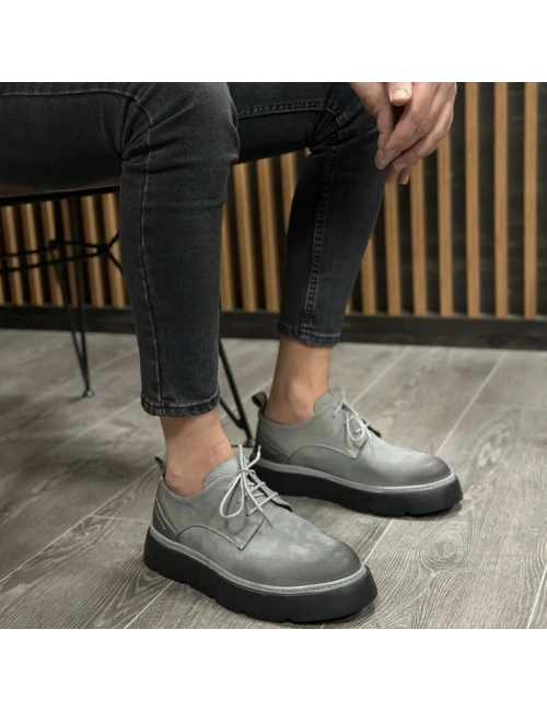 Erkek Gri Kalın Taban Günlük Deri Ayakkabı