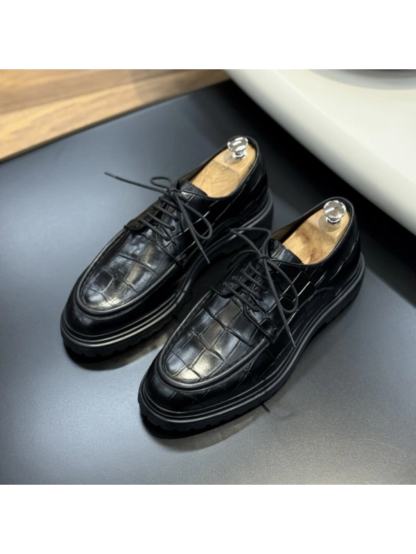 Siyah Kroko Bağlı Hakiki Deri Ayakkabı – Eva Taban