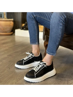 Erkek Siyah Deri Sneaker – Kalın Ultra Hafif Taban