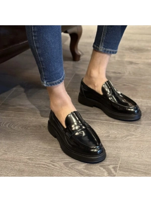 Siyah Açma Deri Erkek Loafer Ayakkabı