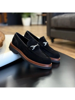 Siyah Süet Hakiki Deri Loafer – EVA Taban Erkek Ayakkabı (Metal Tokalı)