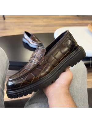 Erkek Kahverengi Kroko Loafer – Kalın Taban