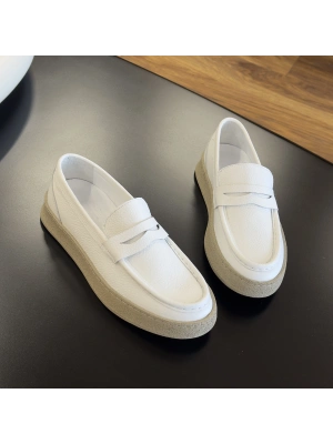 Beyaz Hakiki Deri Kalın Taban Erkek Loafer Ayakkabı