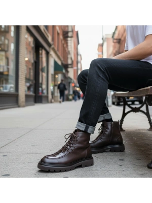 Kahve Hakiki Deri Krokodil Detay Kalın Taban Erkek Bot