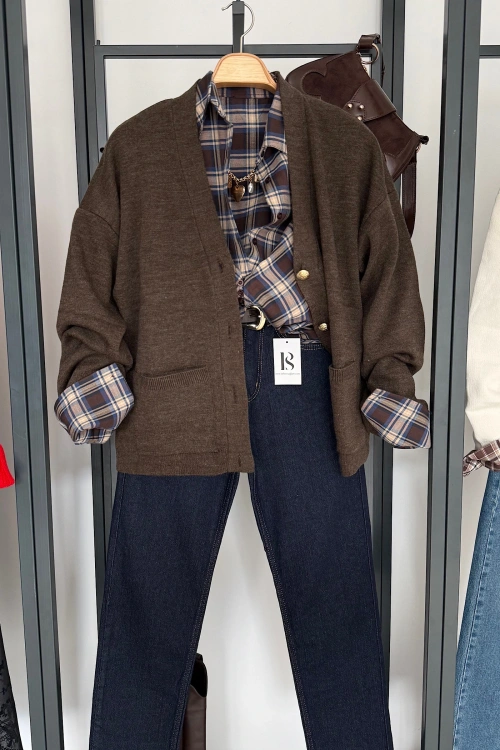 4 Düğmeli Hırka Kahve Melanj