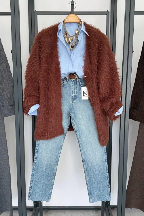 4 Düğmeli Sakallı Hırka Kahverengi