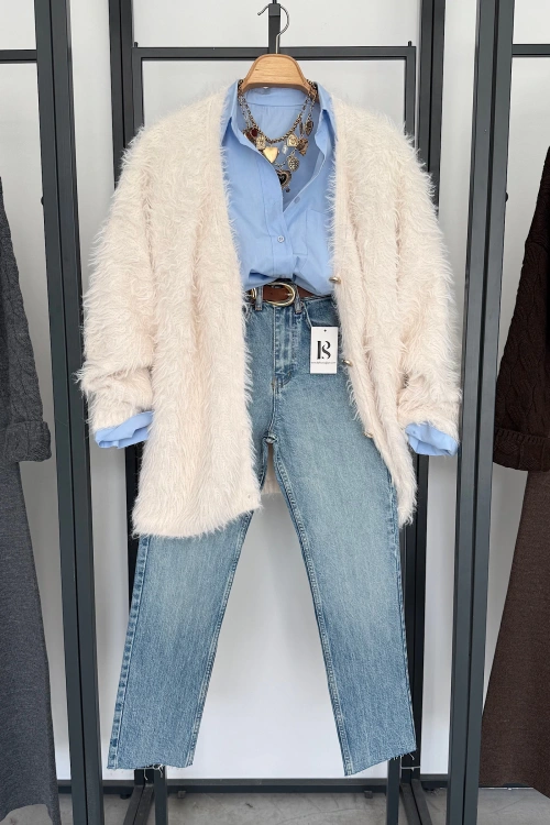 4 Düğmeli Sakallı Hırka Krem