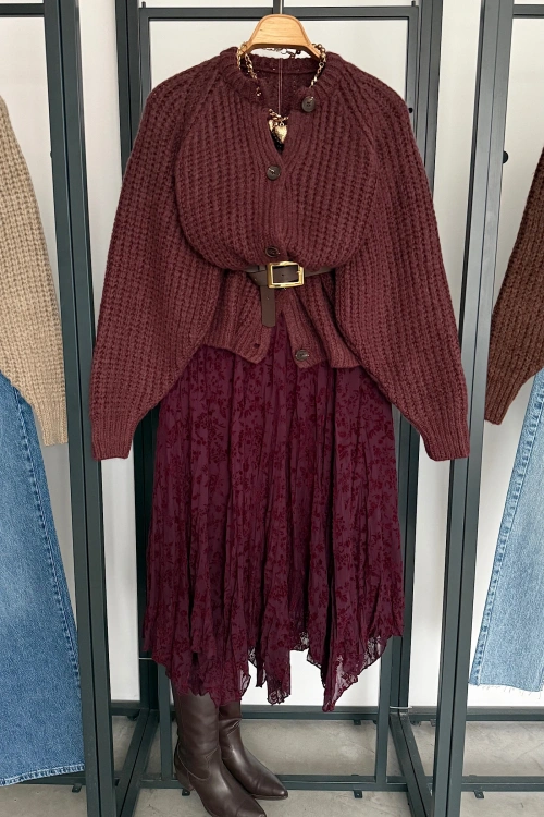 5 Düğmeli Hırka Mürdüm